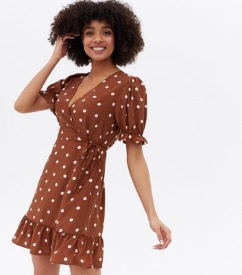 Brown Spot Frill Mini Wrap Dress | New Look